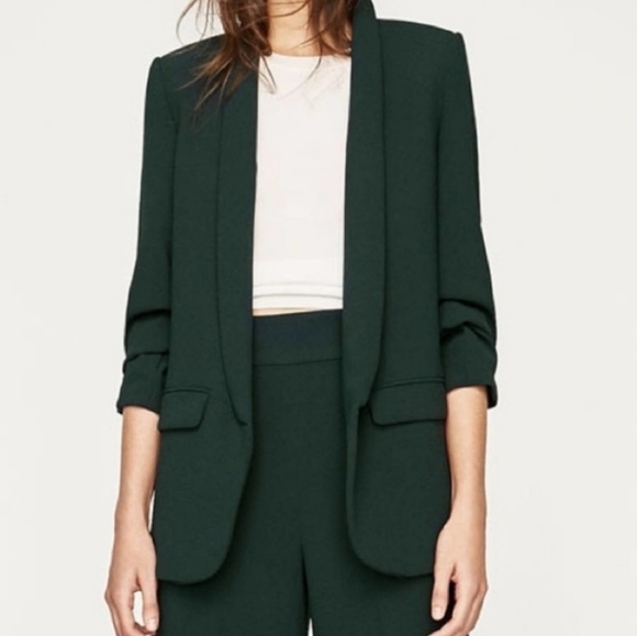 Zara Jackets & Coats Zara Green Ruched Sleeve Blazer Size Xxl